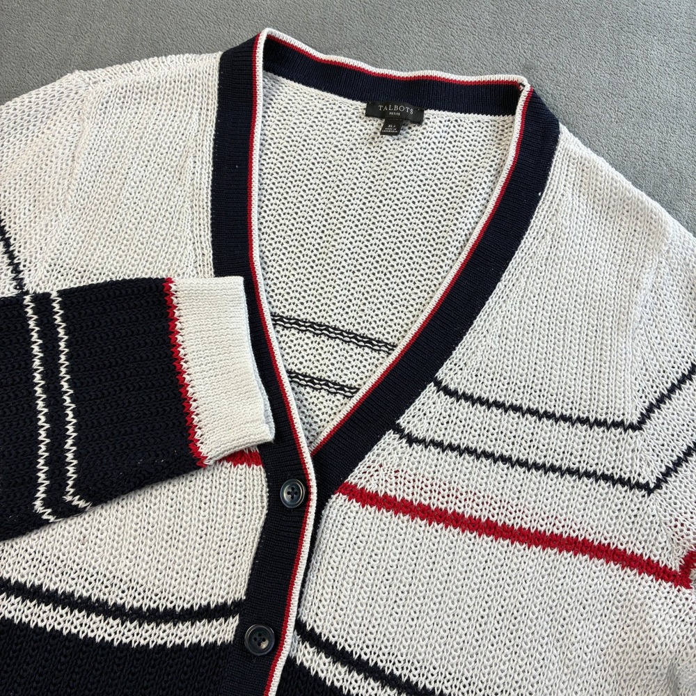 Talbots Petite Cardigan Sweater XLP White Navy Red Pop Stripe Cotton Knit V-Neck